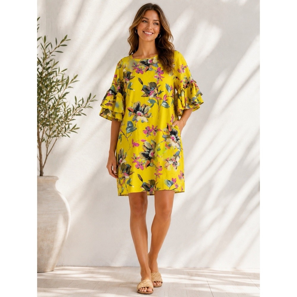 GIANNI BINI Dress Small Yellow Floral Ruffled Sleeves Lined‎ Resortwear #M5-3